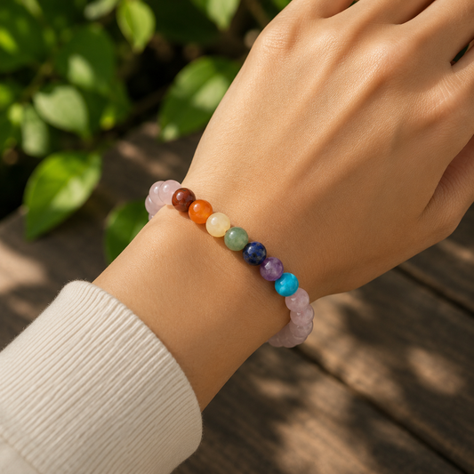 THE VEDICMANTRA ROSE QUARTZ + 7 CHAKRA BRACELET
