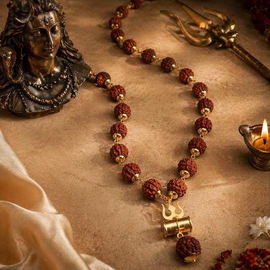 Gold Plated Rudraksh Trishool Mala + 5 MUKHI RUDRAKSH FREE