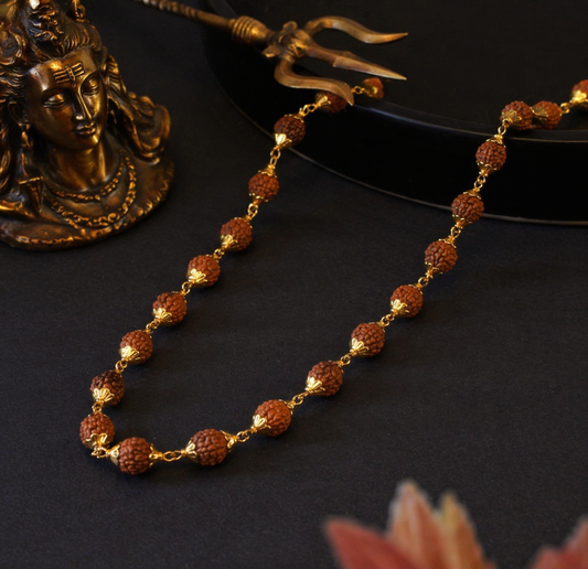 Gold Plated Premium Rudraksh Mala + 5 MUKHI RUDRAKSH PENDANT FREE