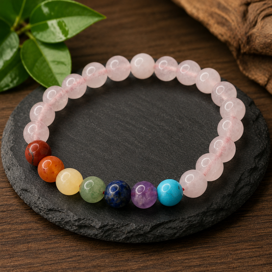 THE VEDICMANTRA ROSE QUARTZ + 7 CHAKRA BRACELET
