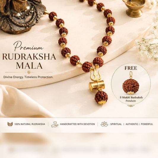 Gold Plated Rudraksh Trishool Mala + 5 MUKHI RUDRAKSH FREE